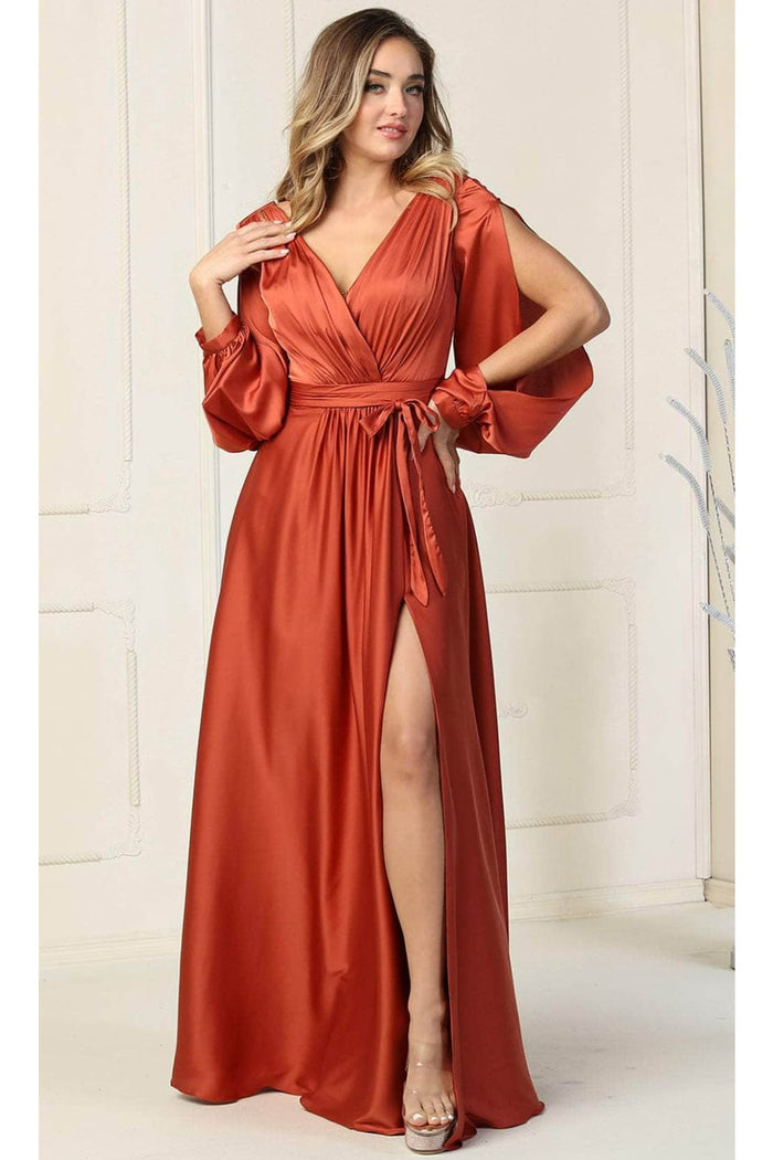 May Queen MQ1857 Split Long Sleeve High Slit Simple Evening Gown