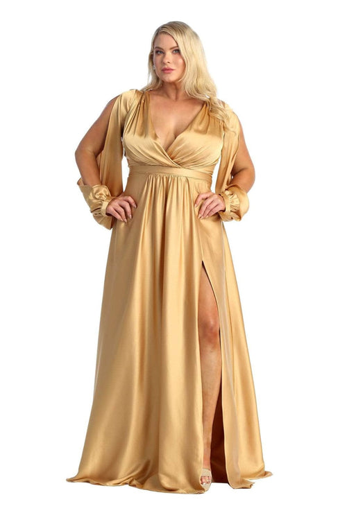 May Queen MQ1857 Split Long Sleeve High Slit Simple Evening Gown