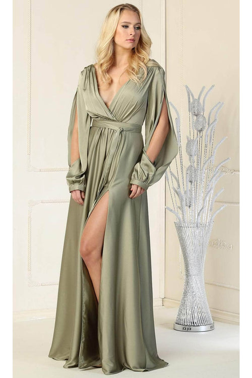 May Queen MQ1857 Split Long Sleeve High Slit Simple Evening Gown