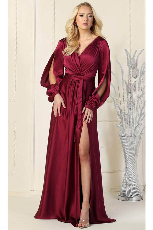 May Queen MQ1857 Split Long Sleeve High Slit Simple Evening Gown