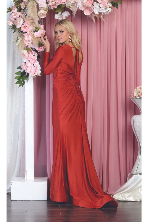 Long Sleeve Stretchy V-neckline Bodycon Evening Gown