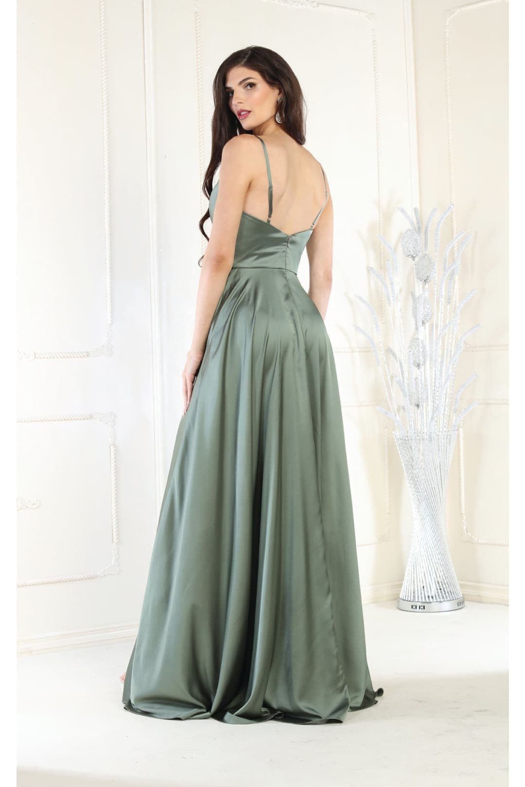 Long Simple Prom Dress V-Neck A-Line Satin Slit Formal Evening Gown by MQ1945