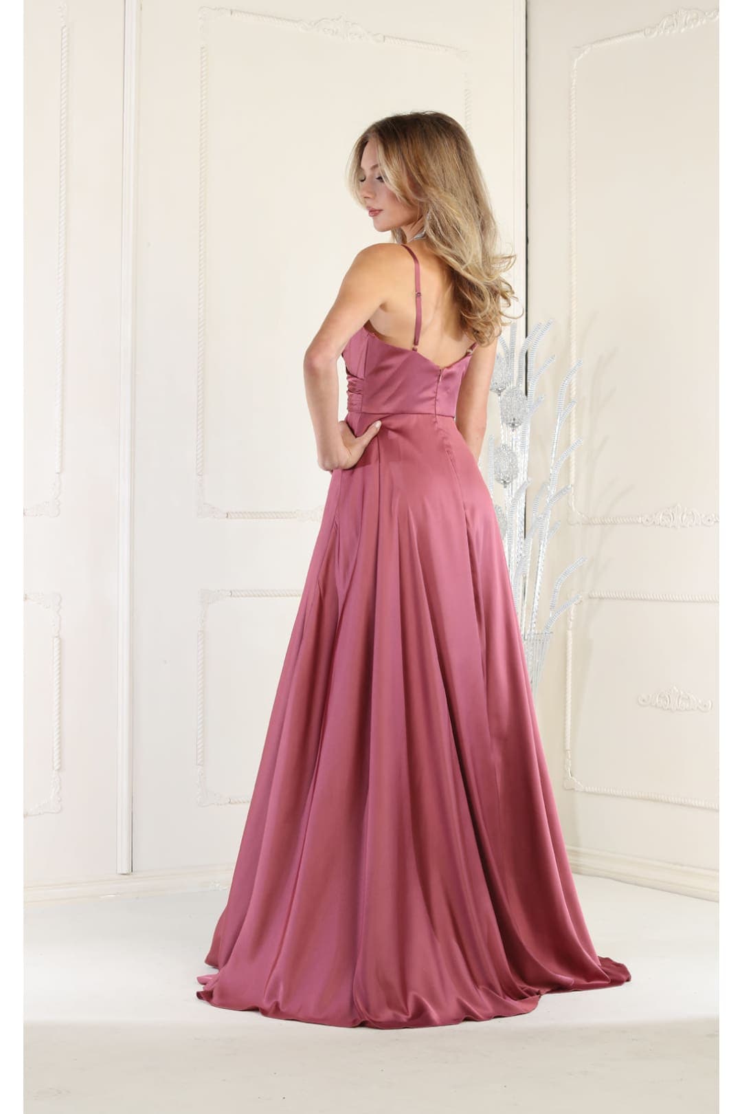 Long Simple Prom Dress V-Neck A-Line Satin Slit Formal Evening Gown by MQ1945