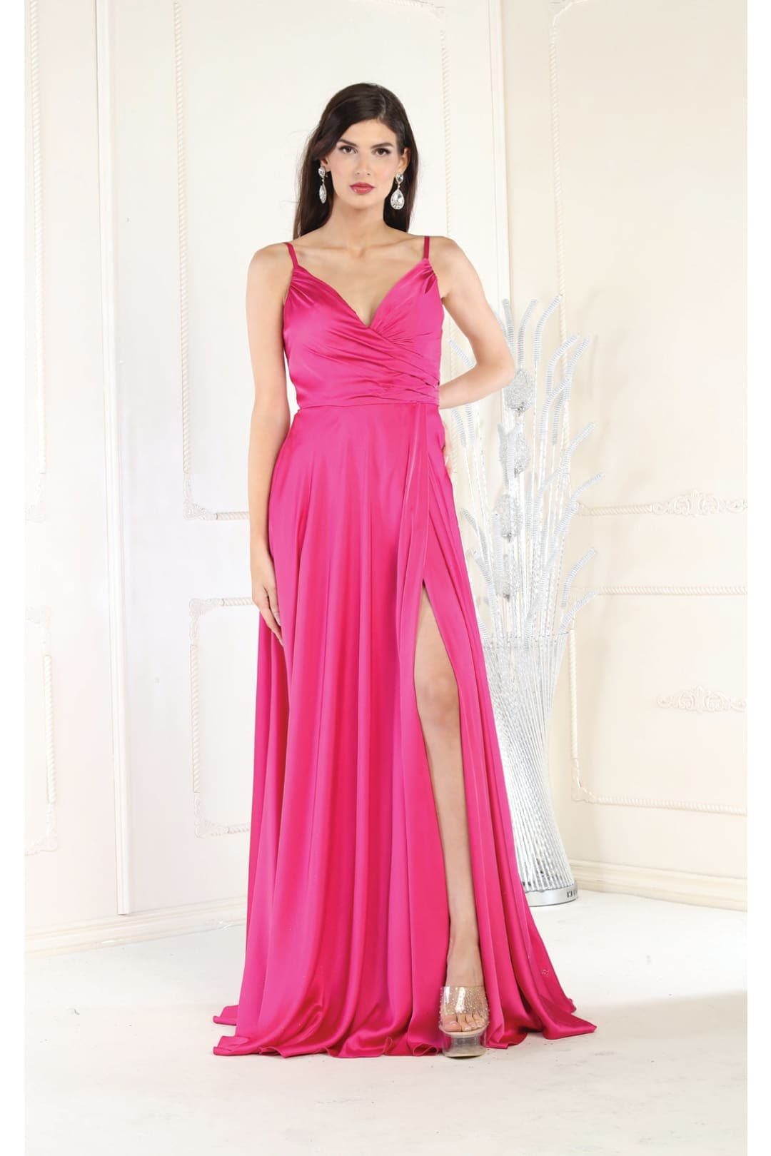 Long Simple Prom Dress V-Neck A-Line Satin Slit Formal Evening Gown by MQ1945