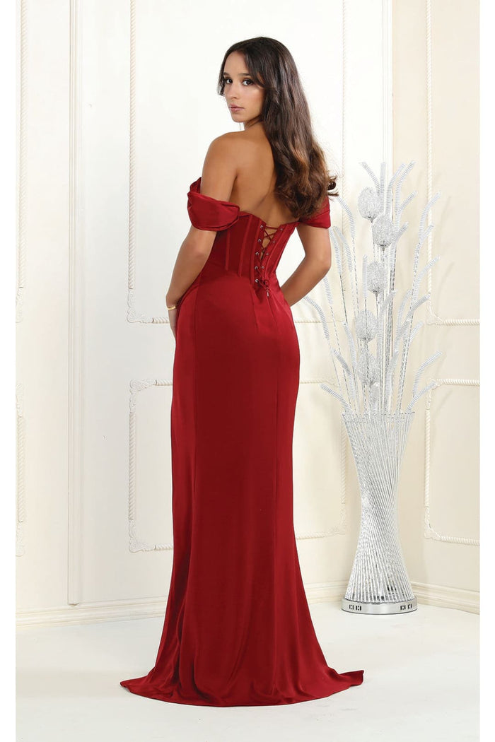 May Queen MQ1953 Off The Shoulder High Slit Corset Formal Evening Gown