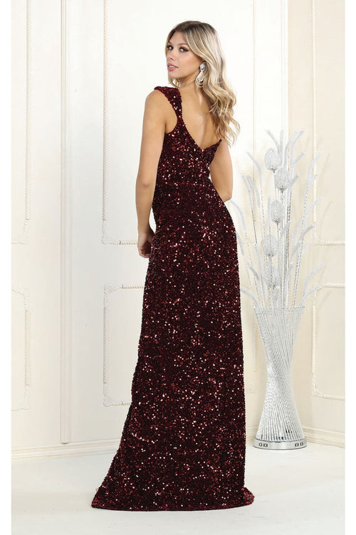 May Queen MQ1957 Off Shoulder V-Neck Long Sequin Dress