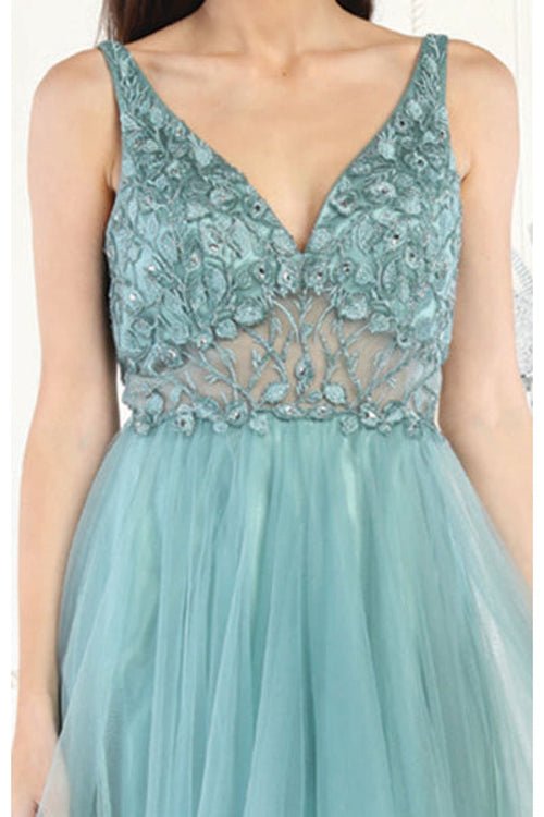 Embroidered A-line Prom Dress Sleeveless V-Neck Evening gown