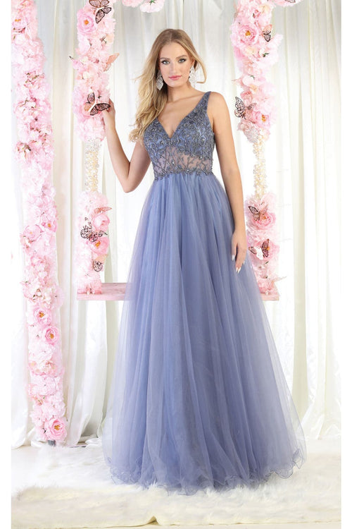 Embroidered A-line Prom Dress Sleeveless V-Neck Evening gown