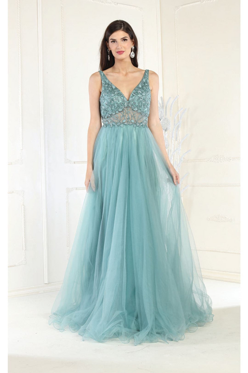 Embroidered A-line Prom Dress Sleeveless V-Neck Evening gown