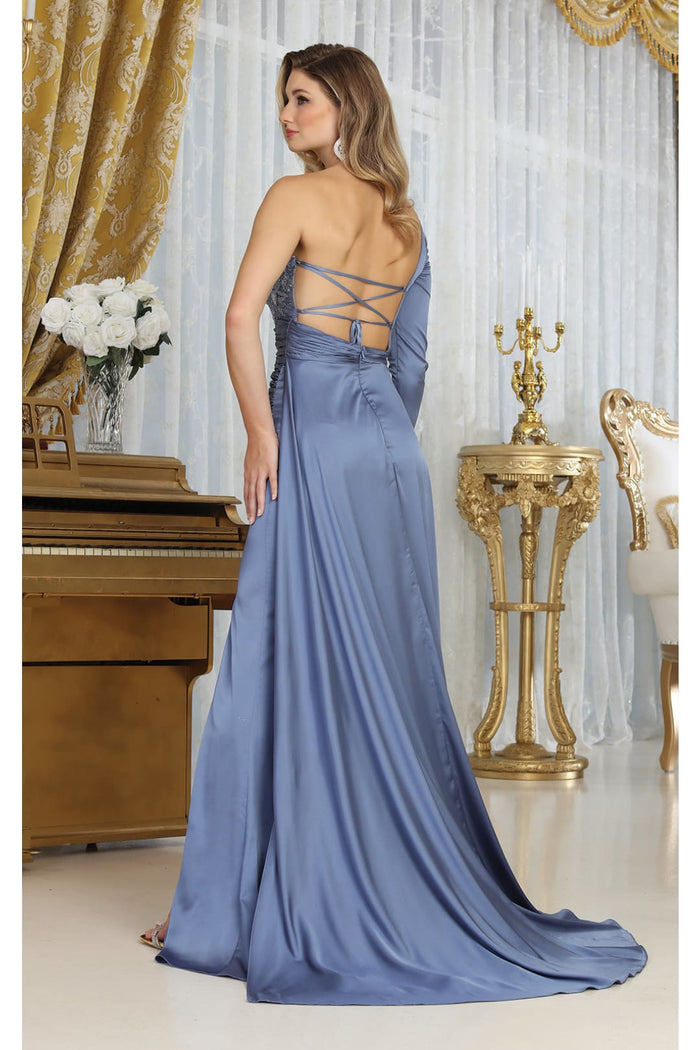 May Queen MQ1985 Satin Strappy Back One Sleeve Prom Evening Gown