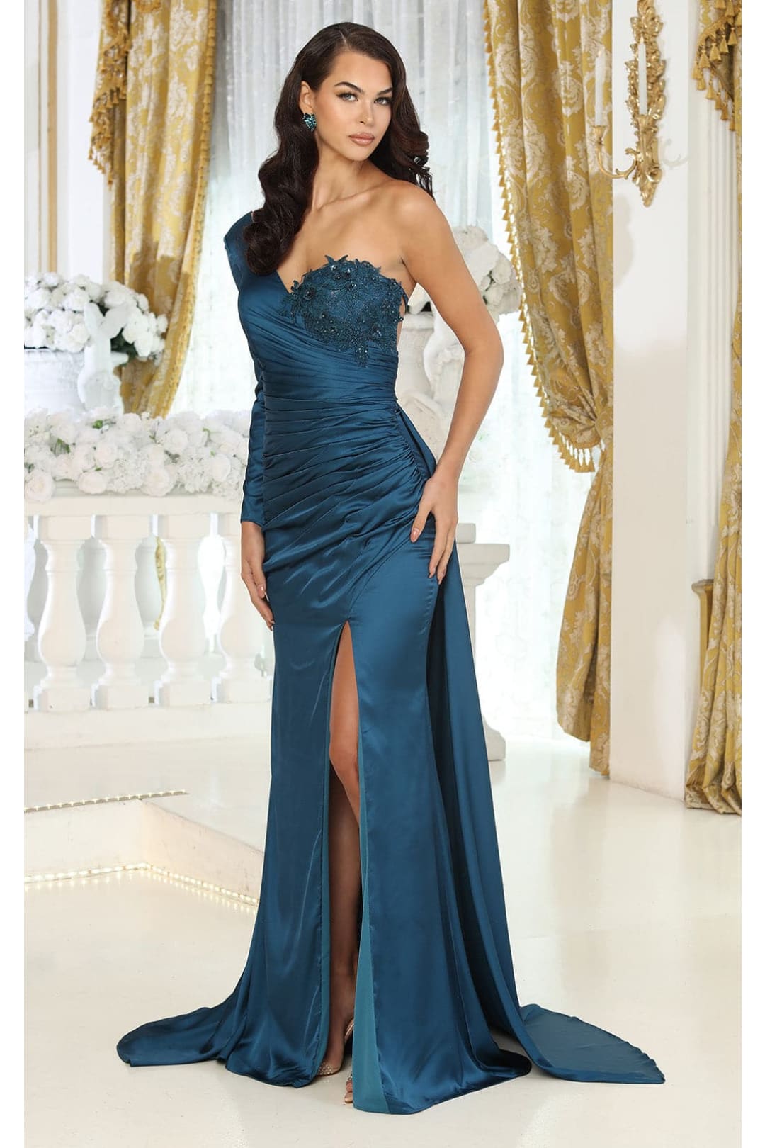 May Queen MQ1985 Satin Strappy Back One Sleeve Prom Evening Gown