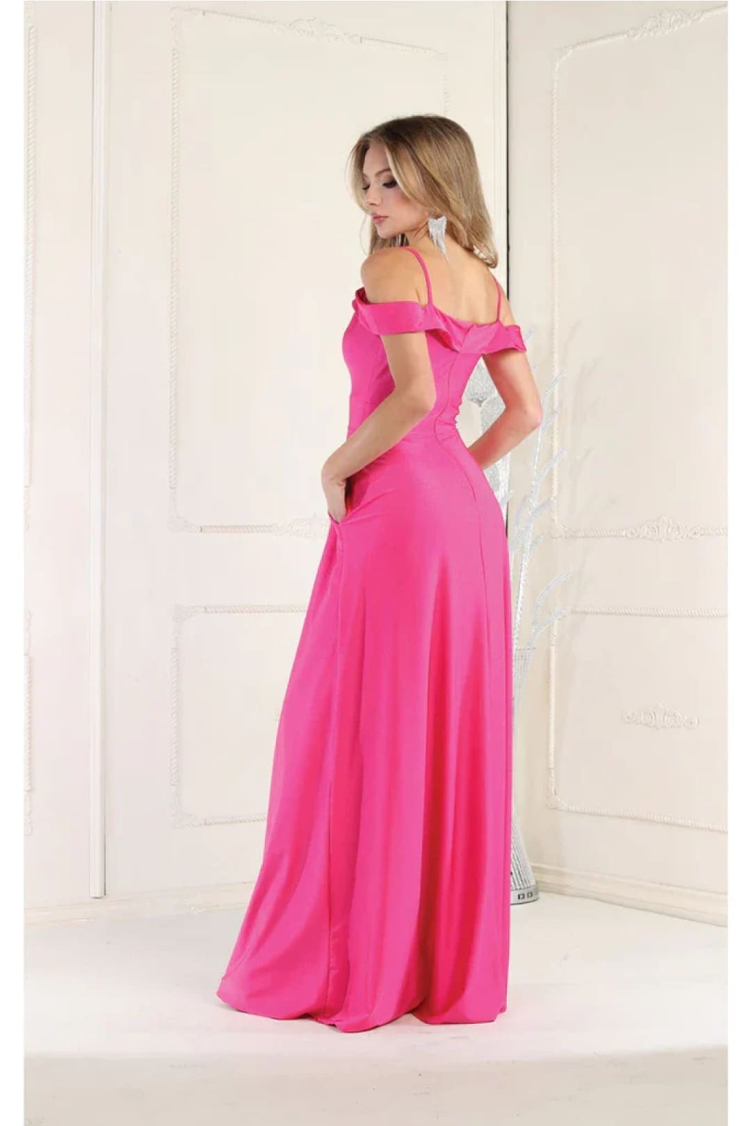 May Queen MQ1988 V-Neck Cold Shoulder Ruched Long A-Line Dress