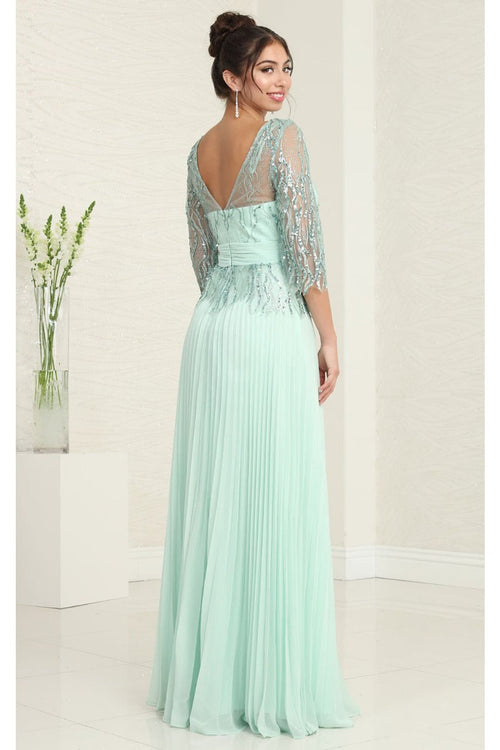 May Queen MQ2007 3/4 Sleeves Rhinestone Beaded Pleated Evening Gown