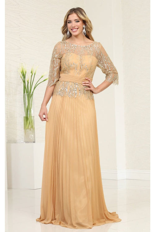 May Queen MQ2007 3/4 Sleeves Rhinestone Beaded Pleated Evening Gown