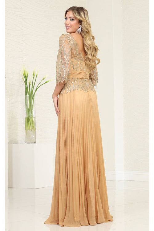 May Queen MQ2007 3/4 Sleeves Rhinestone Beaded Pleated Evening Gown