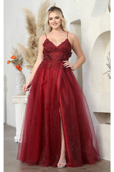 May Queen MQ2011 Spaghetti Strap Floral Embellished Tulle Evening Gown