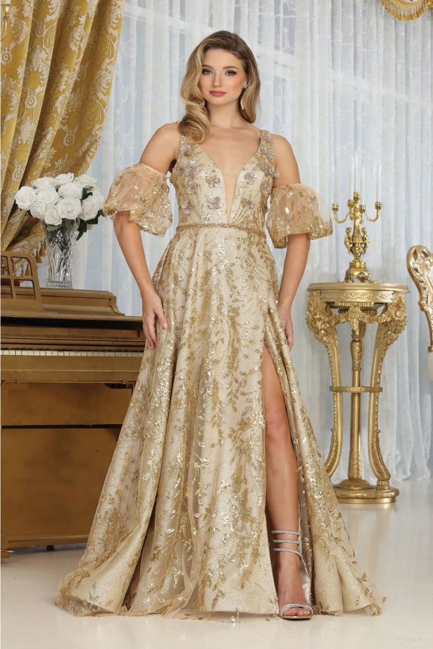 May Queen MQ2038 Floral Applique Glitter High Slit Gala Long Gown