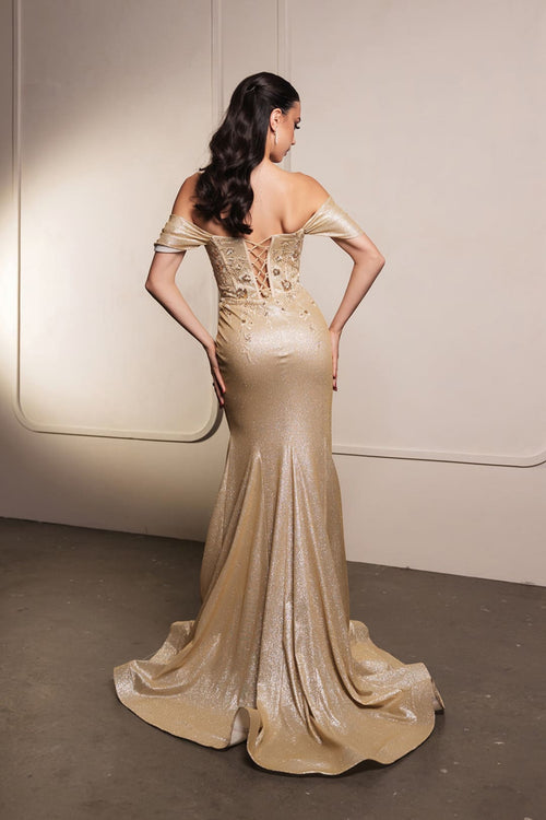 May Queen MQ2104 Draped Sleeves Corset Glitter Red Carpet Gown