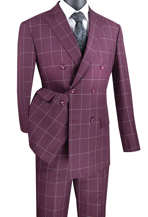 Naples Collection - Blue Modern Fit Double Breasted Windowpane Peak Lapel 2 Piece Suit by Vinci