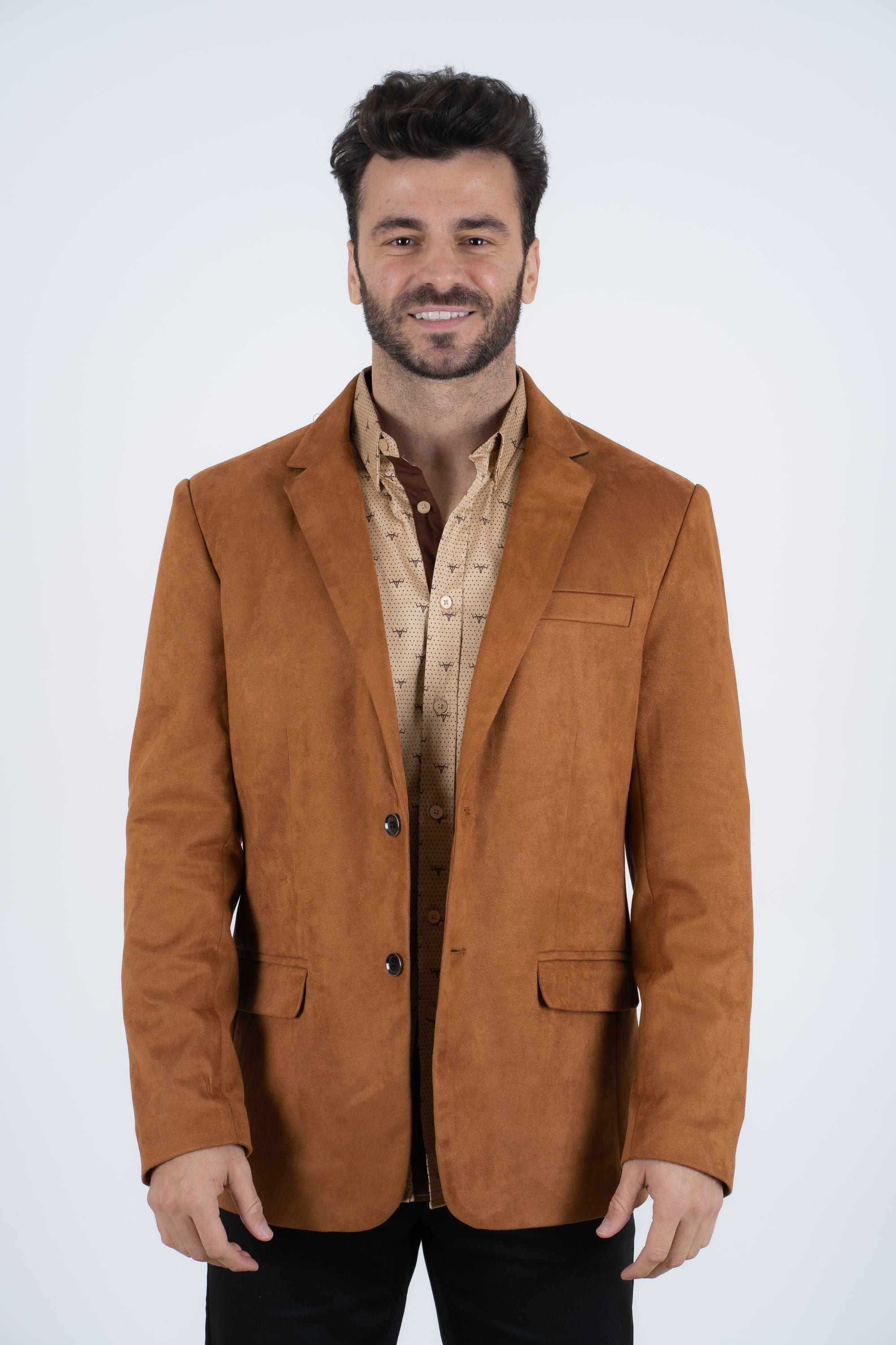 Men’s Camel Faux Suede Double Button Blazer – Stylish Casual Sport Coat – SuitUSA