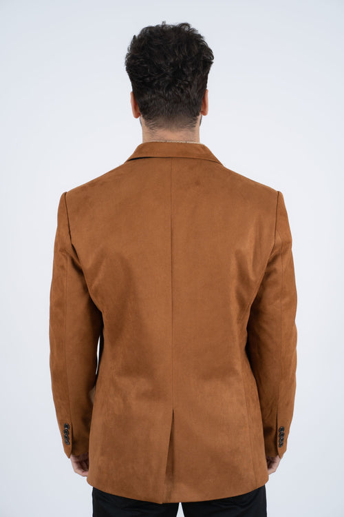 Men’s Camel Faux Suede Double Button Blazer – Stylish Casual Sport Coat