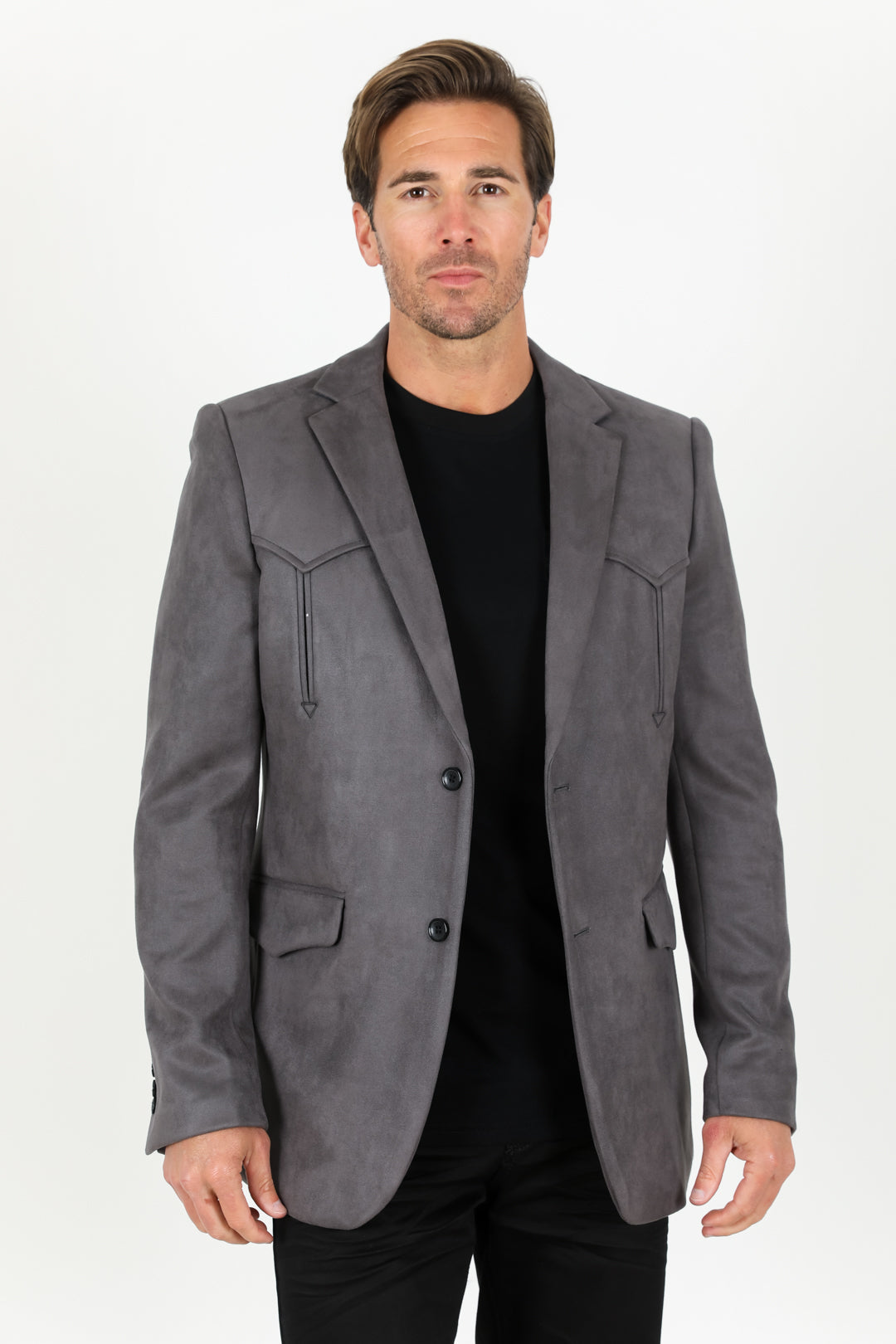 Mens Charcoal Faux Suede Blazer Jacket – Double Button Smart Casual Sport Coat – SuitUSA