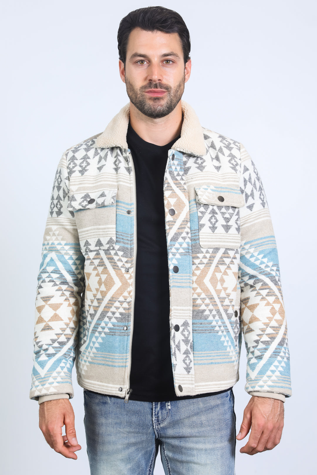 Men’s Aztec Tribal Quilted Twill Jacket – Beige Casual Outerwear – SuitUSA