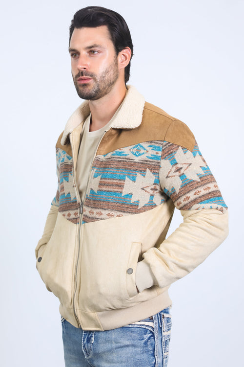Men’s Western Inspired Aztec Quilted Twill Jacket – Beige with Suede Accents