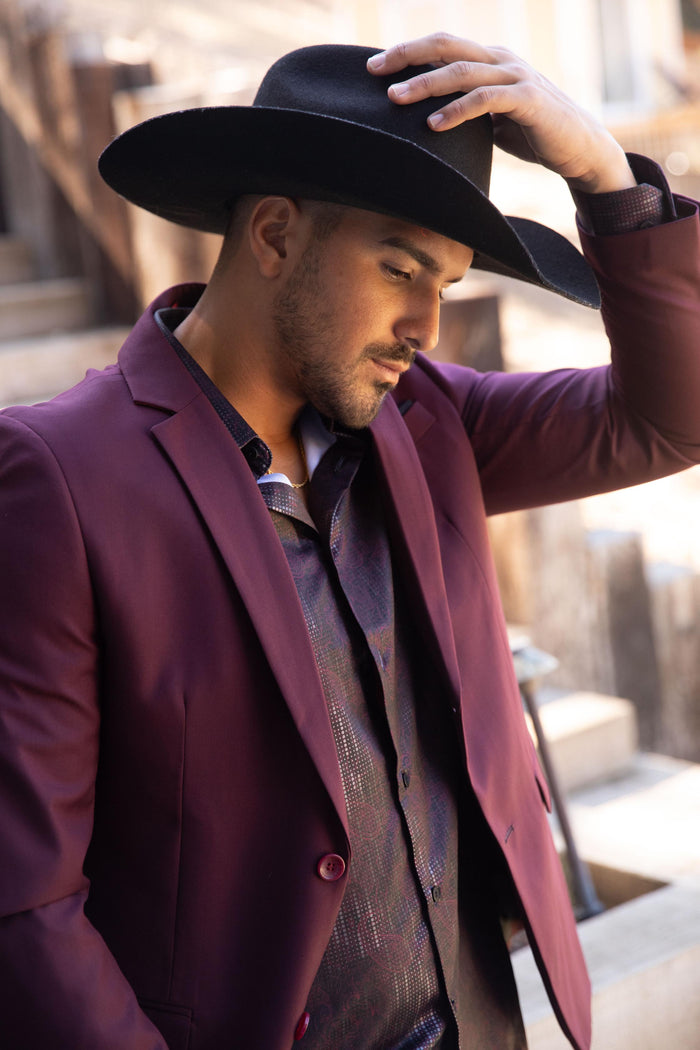 Burgundy Western Cowboy Blazer - Mens Modern Fit Stretch Date Night Burgundy Blazer
