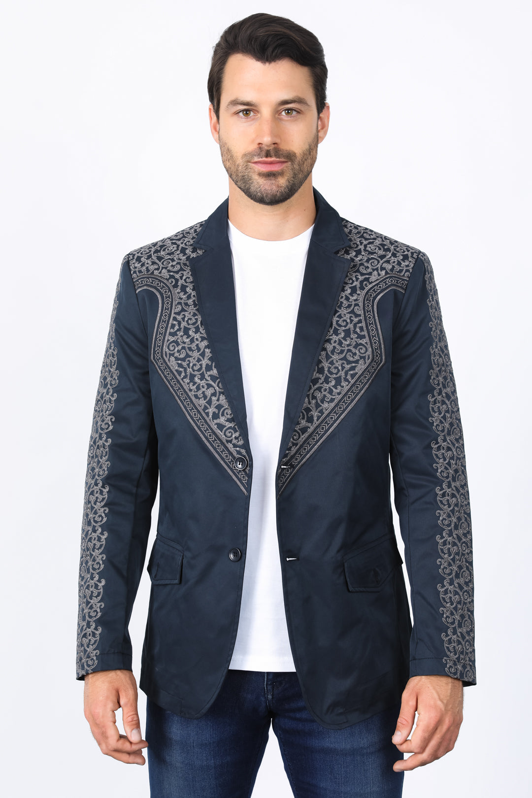 Men’s Navy Fashion Blazer with Embroidery – Smart Casual Dress Jacket – SuitUSA