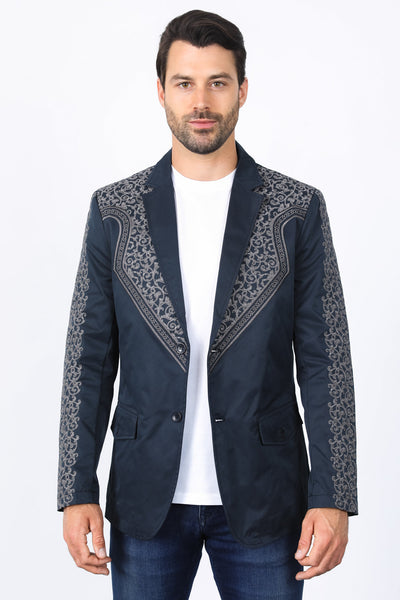 Men’s Navy Fashion Blazer with Embroidery – Smart Casual Dress Jacket