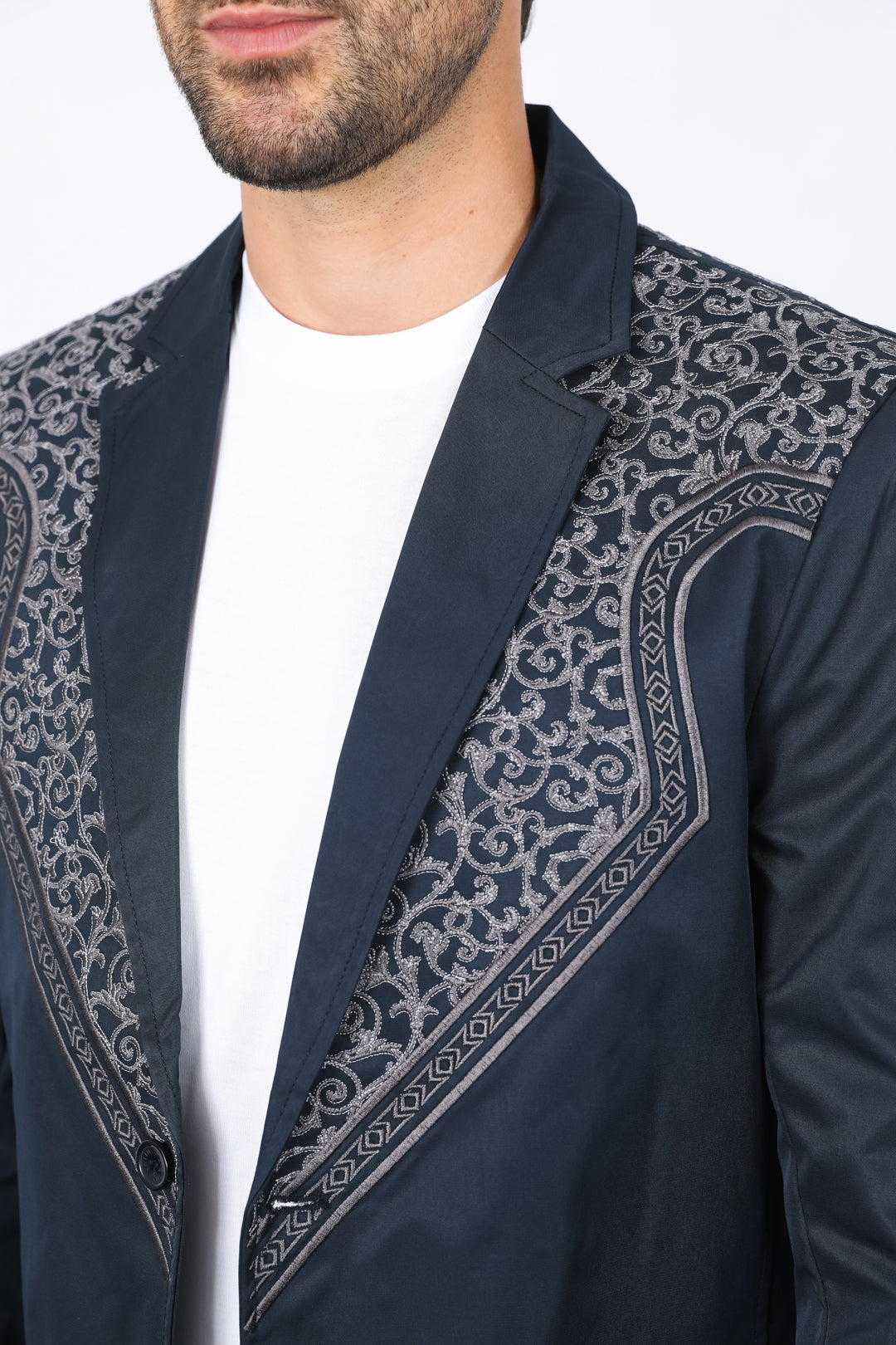Men’s Navy Fashion Blazer with Embroidery – Smart Casual Dress Jacket