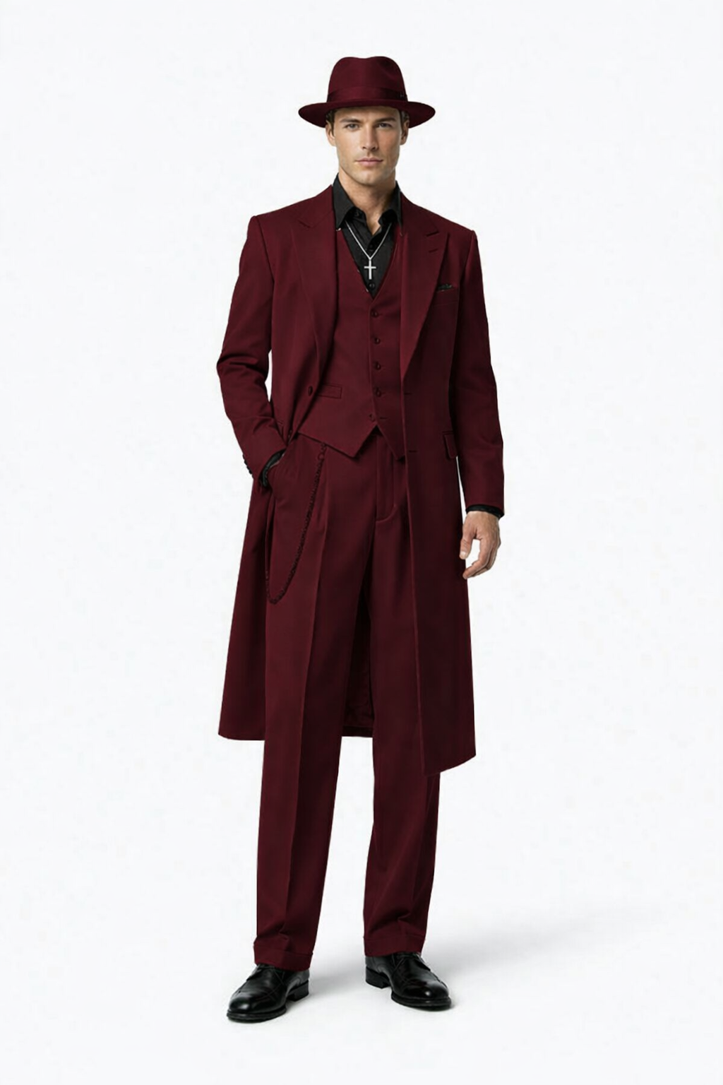Men’s 1920s Red Zoot Suit – Long Mafia Gangster Three-Piece Vintage Outfit Zuit Pachuco Style