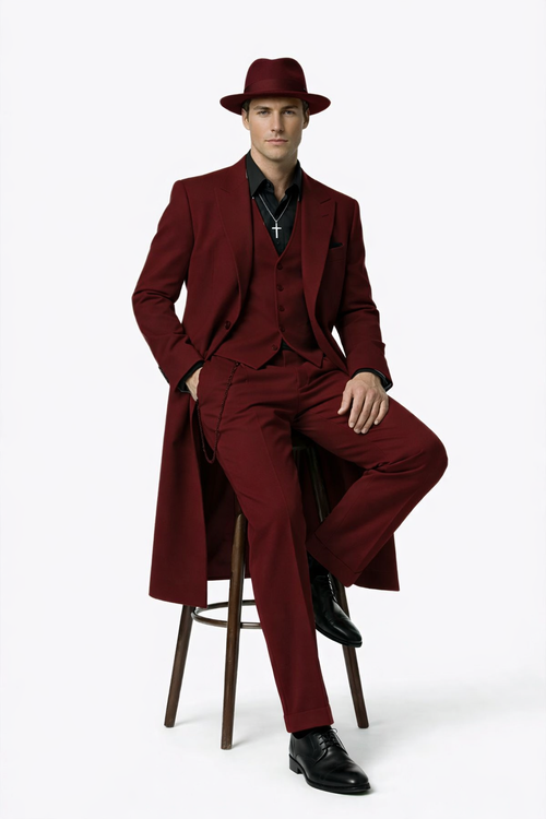 Men’s 1920s Red Zoot Suit – Long Mafia Gangster Three-Piece Vintage Outfit Zuit Pachuco Style