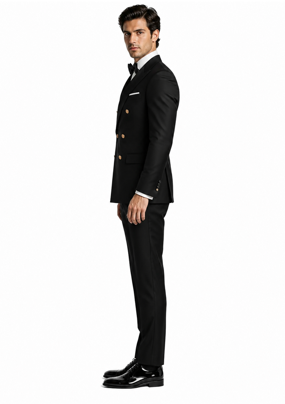 Men’s Black Double-Breasted Tuxedo - Classic Shawl Lapel Suit with Gold Buttons for Weddings, Galas, and Black Tie Events by USA Men's Outlet