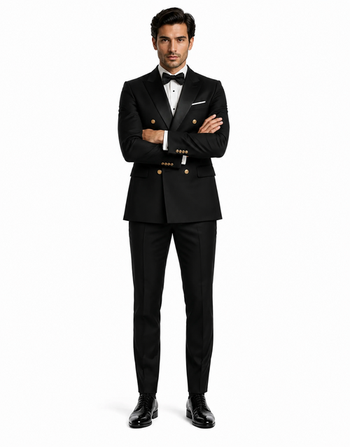 Men’s Black Double-Breasted Tuxedo - Classic Shawl Lapel Suit with Gold Buttons for Weddings, Galas, and Black Tie Events by USA Men's Outlet