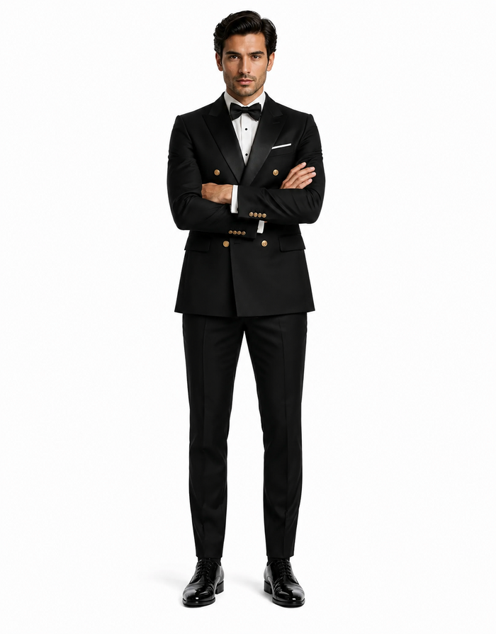 Men’s Black Double-Breasted Tuxedo - Classic Shawl Lapel Suit with Gold Buttons for Weddings, Galas, and Black Tie Events by USA Men's Outlet