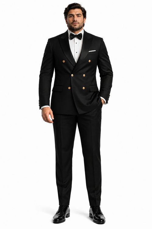 Men’s Black Double-Breasted Tuxedo - Classic Shawl Lapel Suit with Gold Buttons for Weddings, Galas, and Black Tie Events by USA Men's Outlet