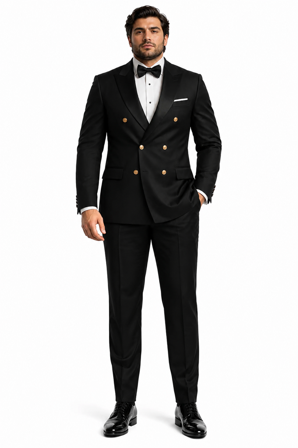 Men’s Black Double-Breasted Tuxedo - Classic Shawl Lapel Suit with Gold Buttons for Weddings, Galas, and Black Tie Events by USA Men's Outlet