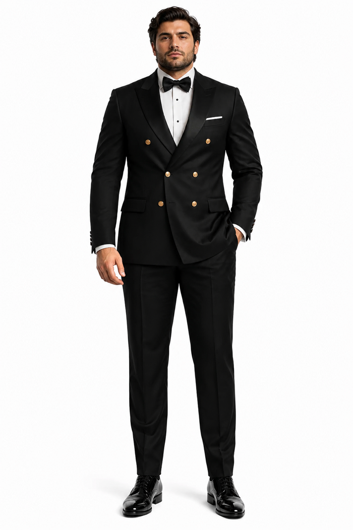 Men’s Black Double-Breasted Tuxedo - Classic Shawl Lapel Suit with Gold Buttons for Weddings, Galas, and Black Tie Events by USA Men's Outlet