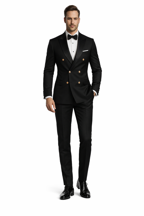 Men’s Black Double-Breasted Tuxedo - Classic Shawl Lapel Suit with Gold Buttons for Weddings, Galas, and Black Tie Events by USA Men's Outlet