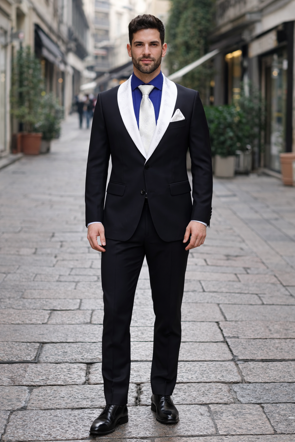 Men’s Black Wedding Suit with White & Sky Blue Shawl Lapel – Classic Modern Fit Tuxedo