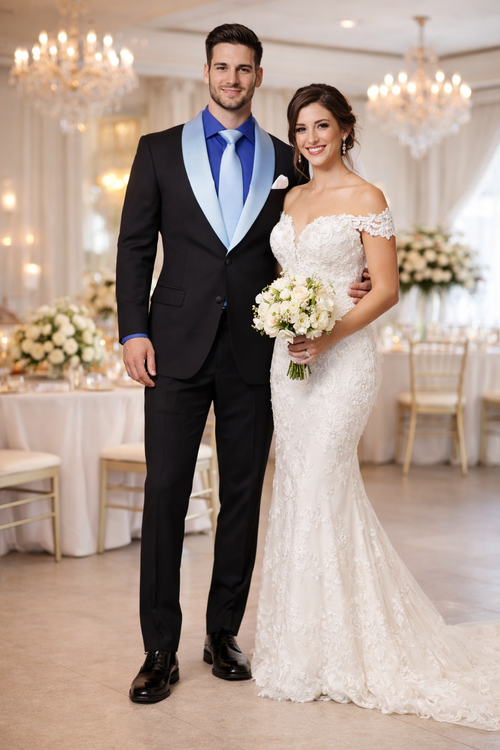 Men’s Black Wedding Suit with White & Sky Blue Shawl Lapel – Classic Modern Fit Tuxedo