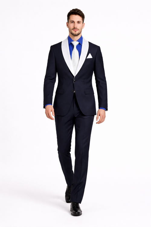 Men’s Black Wedding Suit with White & Sky Blue Shawl Lapel – Classic Modern Fit Tuxedo