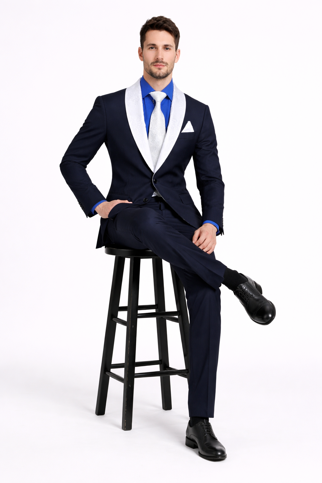 Men’s Black Wedding Suit with White & Sky Blue Shawl Lapel – Classic Modern Fit Tuxedo