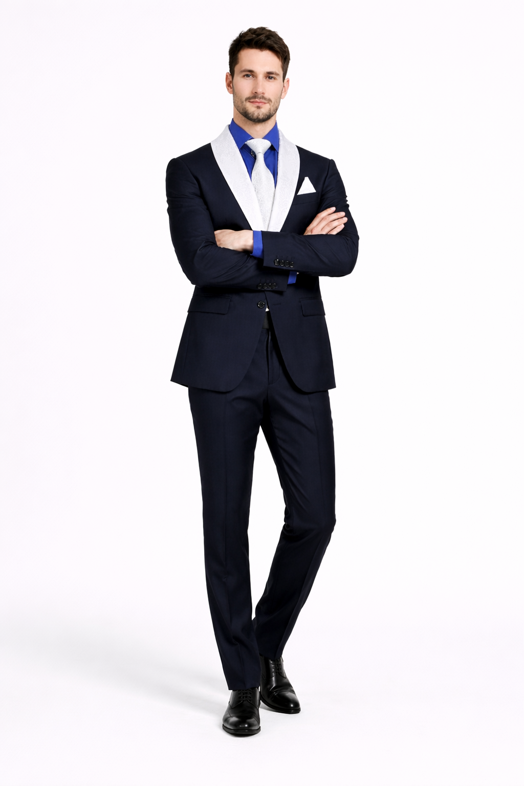 Men’s Black Wedding Suit with White & Sky Blue Shawl Lapel – Classic Modern Fit Tuxedo
