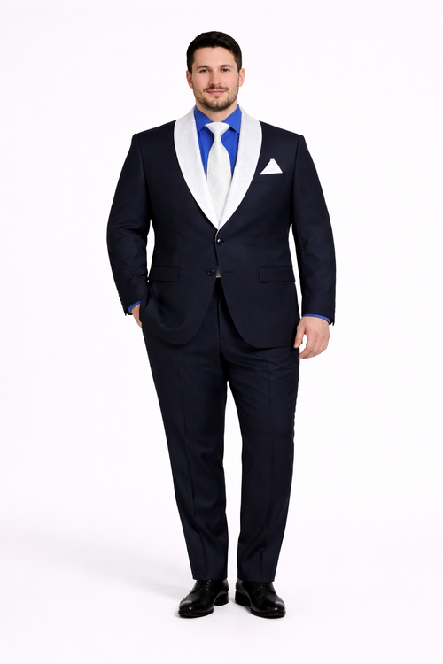 Men’s Black Wedding Suit with White & Sky Blue Shawl Lapel – Classic Modern Fit Tuxedo