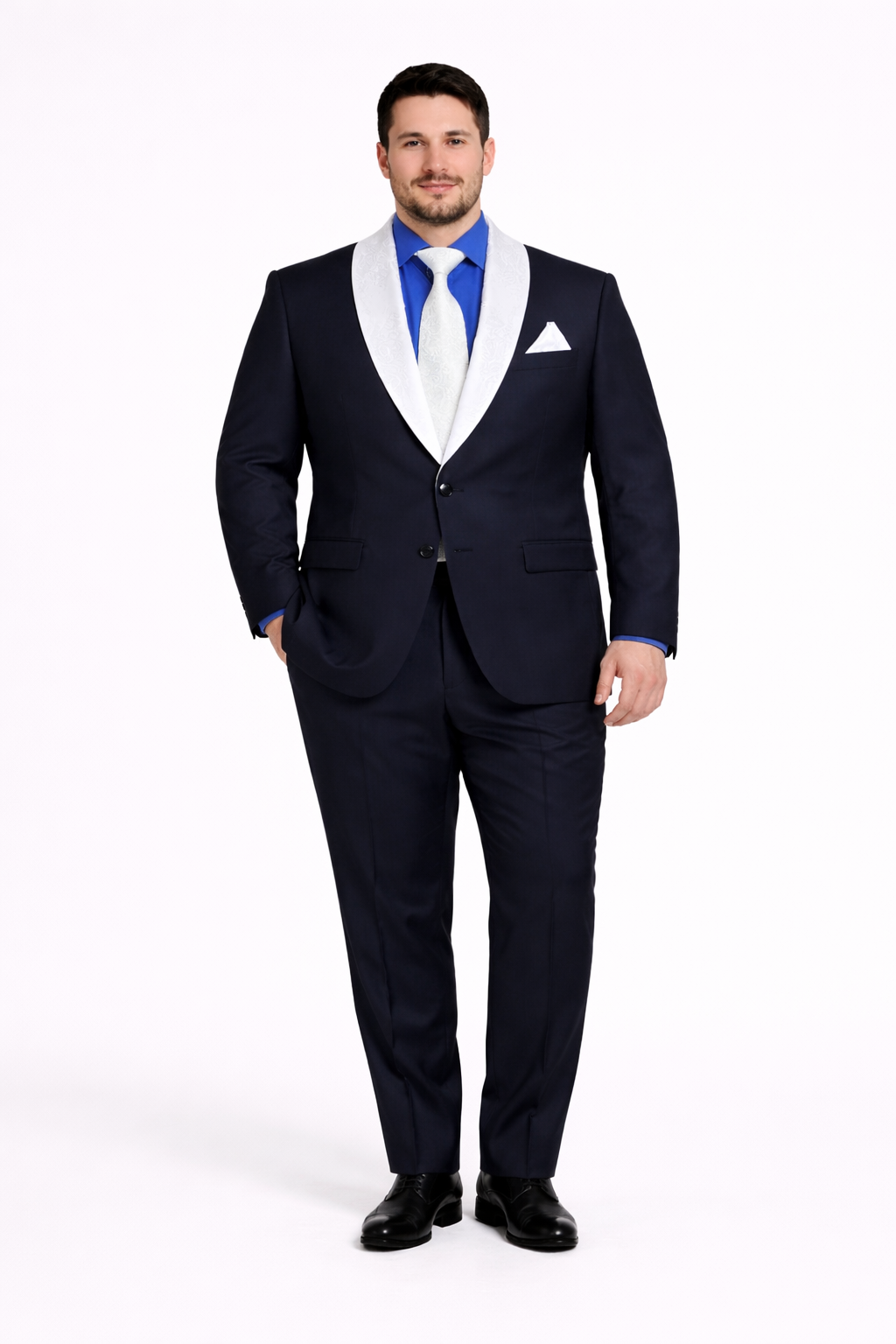 Men’s Black Wedding Suit with White & Sky Blue Shawl Lapel – Classic Modern Fit Tuxedo