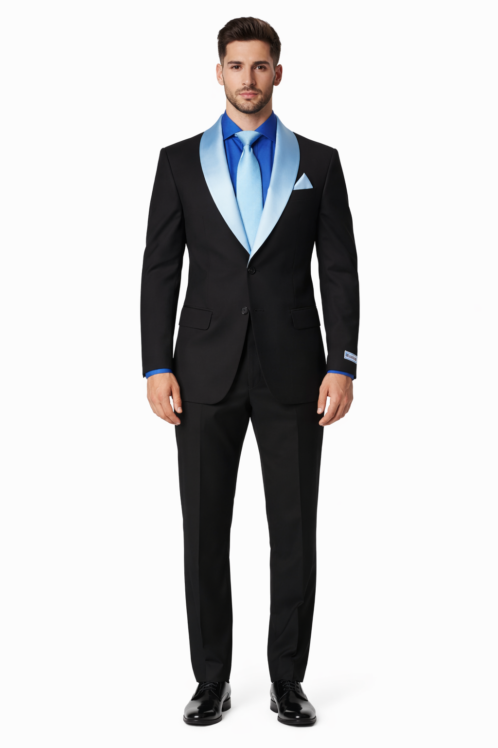 Men’s Black Wedding Suit with White & Sky Blue Shawl Lapel – Classic Modern Fit Tuxedo – SuitUSA