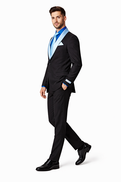 Men’s Black Wedding Suit with White & Sky Blue Shawl Lapel – Classic Modern Fit Tuxedo